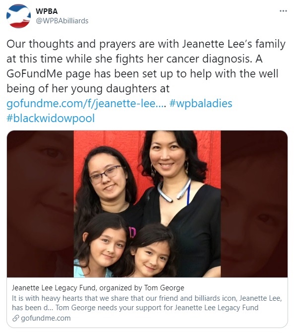  자넷 리 가족을 위한 모금을 독려하는 세계여자프로포켓볼협회(WPBA) 트위터 계정 갈무리.