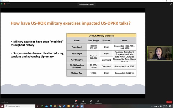 한미연합훈련 변경 역사 한반도 평화와 한국전쟁 종식을 위한 글로벌 운동인 위민크로스DMZ의 애드보커시와 리더십 코디네이터인 캐서린 킬로우의 발표