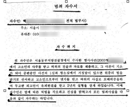  근저당권부 채권 양도·수 관련 약정서를 작성했던 법무사 백아무개씨의 '범죄 자수서'. 백씨는 이 자수서에서 윤석열 검찰총장의 장모 최은순씨로부터 대가를 받고 위증했다고 '양심선언'을 했다. 