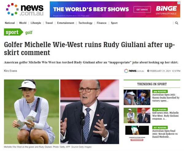  루돌프 줄리아니 전 뉴욕 시정의 성희롱 발언에 대한 미셸 위 웨스트의 비판을 보도하는 호주 뉴스 갈무리.