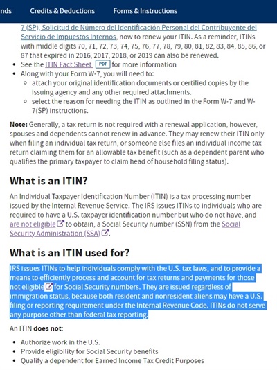 "They are issued regardless of immigration status," 이민 신분에 관계없이 개인납세자번호를 부여받을 수 있음을 안내하고 있다.