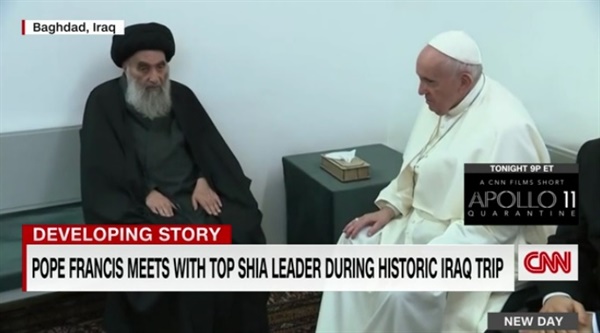 프란치스코 교황의 이라크 방문과 이슬람 시아파 지도자와의 만남을 보도하는 CNN 갈무리.