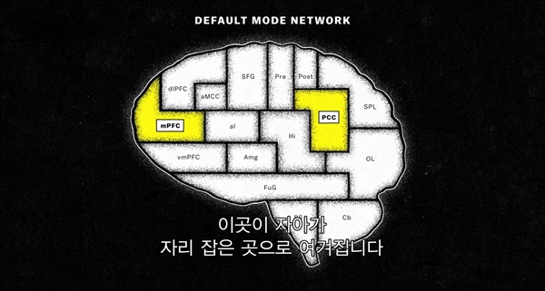 영화 스틸컷 <뇌를 해설하다>  자아개념이 만들어지는 것으로 간주되는 뇌의 부분 그림. 