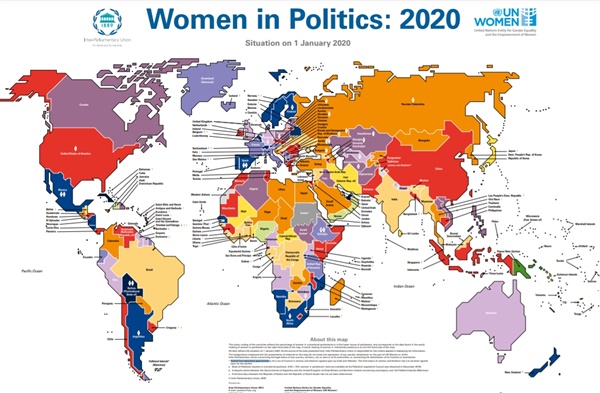 성평등을 위해 만들어진 유엔여성기구(UN women)가 조사해 발표한 전세계 정치 속 여성(Women in Politics: 2020). 당시 한국은 18명 장관 중 6명(33.3%)이 여성장관으로 30.0-34.9%에 속하는 국가로 포함됐지만, 2021년 3월에는 절반인 3명(16.7%)으로 줄었다. 
