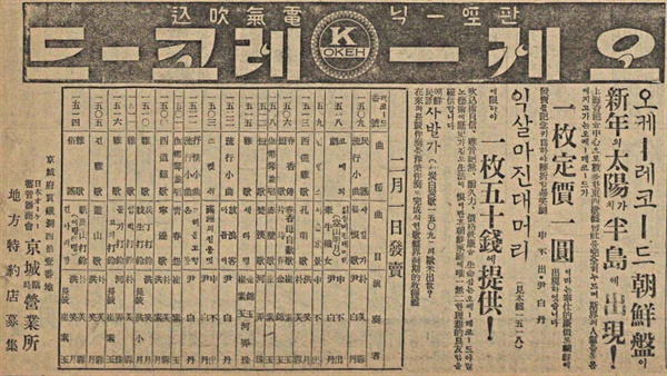 1933년 2월에 게재된 오케레코드의 첫 광고
