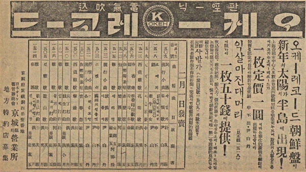  1933년 2월에 게재된 오케레코드의 첫 광고