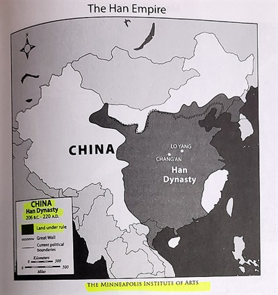 한반도 북부 지역을 중국 한나라 영토로 표기한 미국 '맥그로-힐' 출판사의 AP시험 교재 2021년판 지도.