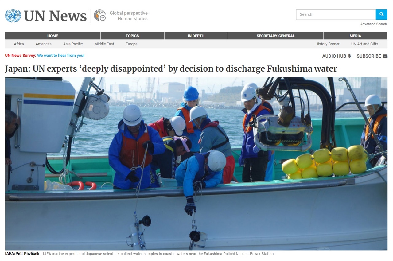 유엔 인권 전문가들의 일본 후쿠시마 원전 오염수 방류 결정 비판 성명 갈무리.