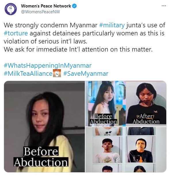 미얀마 군부로부터 고문당한 시민들 사진을 공개한 '우먼피스네트워크' 트위터