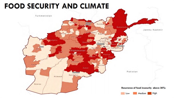  아프간의 식량안보 위험성을 그린지도. UNEP은 아프간의 식량안보문제를 불러오는 기후변화의 원인중 하나로 전쟁과 내전을 꼽고 있다.