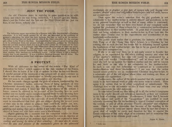 김란사는 윤치호의 글 'A Plea For Industrial Training(직업훈련을 위한 간청)'에 대한 반박글을 'A Protest'(항의)란 이름으로 기고하였다. 윤치호는 "(신)여성들이 요리, 바느질, 빨래, 다림질을 할 줄 모른다, 순종적이지 않다"는 등 비판했고, 4개월 뒤 김란사는 윤치호의 견해를 신랄하게 비판하는 내용을 담은 반박문을 기고했다. 여성 교육의 목적은, 앞서 윤치호 주장처럼 '집안일 잘하는 가정주부, 순종적인 며느리'를 기르는 데 있지 않다는 것이었다.