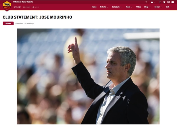  조제 모리뉴 감독 선임을 발표하는 AS로마 구단 공식 홈페이지 갈무리.