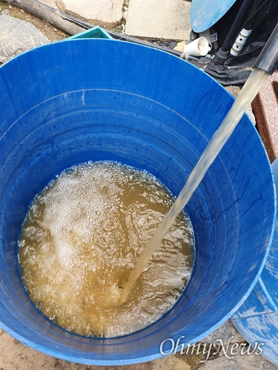 밀양시 부북면 전사포리 비닐하우스 깻잎 농민은 지하 관정에서 퍼올린 물이 흙탕물이라며 피해를 호소하고 있다.