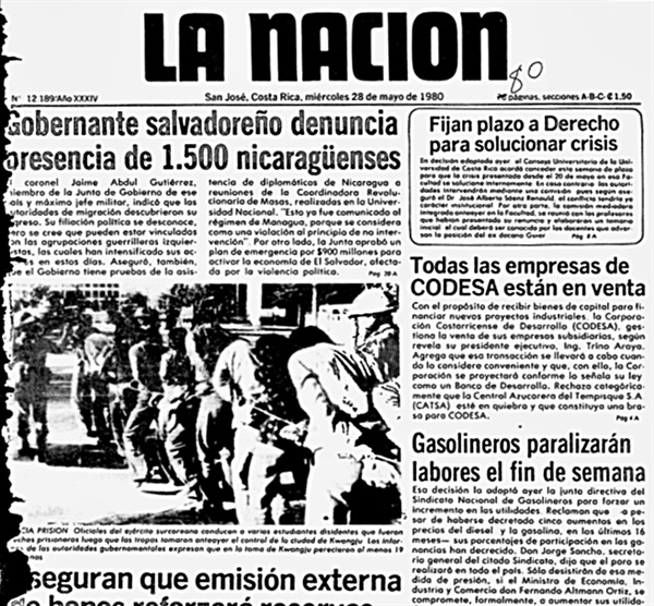 코스타리카 언론 'LA NACION'의 1980년 5월 28일자 1면에 실린 5.18민주화운동 관련 사진. 