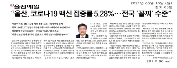 5월 10일 '울산매일'에 실린 "울산, 코로나19 백신 접종률 5.28%... 전국 '꼴찌' 수준" 기사. 