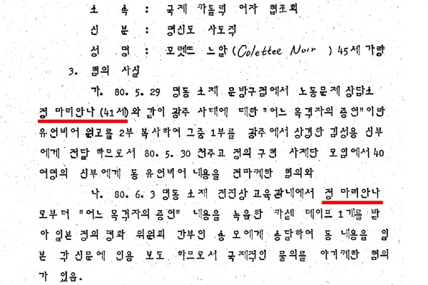 1980년 7월 15일 계엄사 합동수사본부이 외무부장관을 상대로 보낸 프랑스 여성 콜렛 누아르(Colette Noir)에 대한 '수사협조 의뢰' 문서. 문서에 '정마리안나(정양숙)'의 이름도 실려 있다.
