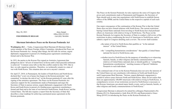 브레드 셔먼 연방의원이 발의한 '한반도 평화선언 법안' 보도자료.