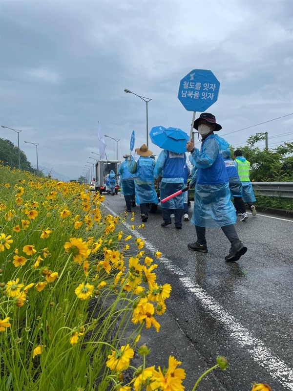 노란꽃이 핀 도로를 지나는 한 참가자가 "철도를 잇자 남북을 잇자" 피켓을 들어보이고 있다.