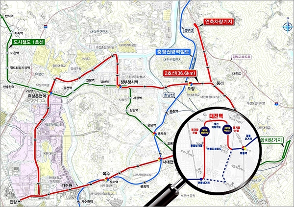  대전도시철도 2호선인 '트램'이 대전역을 경유하도록 노선이 변경됐다.  사진은 트램 노선도.