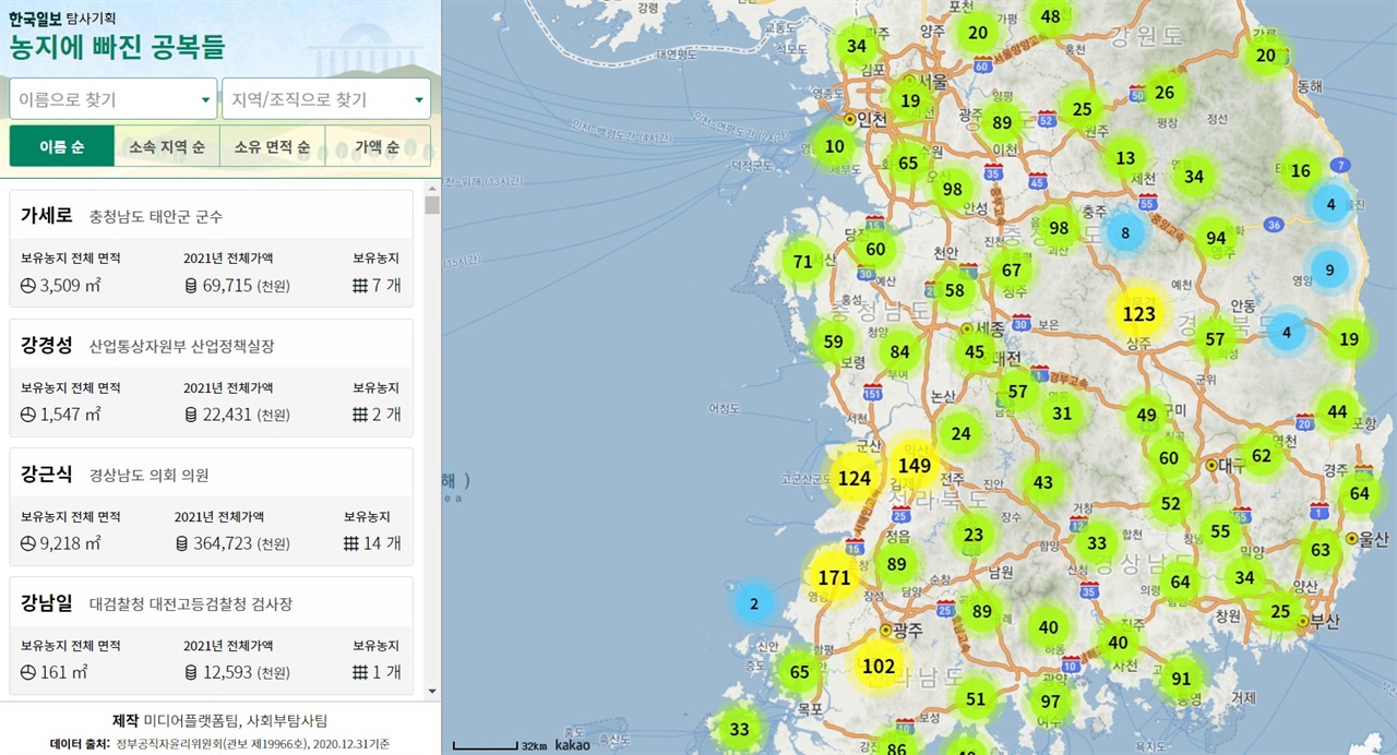  한국일보가 제작한 '농지에 빠진 공복들'. 공직자들이 소유한 농지를 지도에서 살펴볼 수 있습니다.
