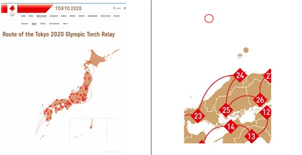 도쿄올림픽 공식 홈페이지에 성화봉송 코스를 소개하는 일본 전국지도에는 독도가 육안으로 보이지 않는다(왼쪽). 화면을 확대하면 독도를 일본 영토로 표기한 모습이 보인다(오른쪽 빨간색 원). (사진 서경덕 교수 페이스북 일부 차용)