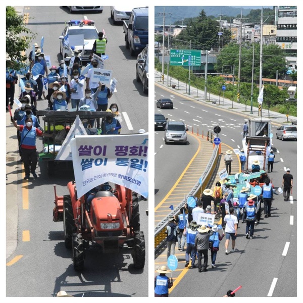 김천시 도로에 길게 늘어선 행진단 40여명에 참가자들이 길게 늘어선 채 김천을 행진하고 있다.