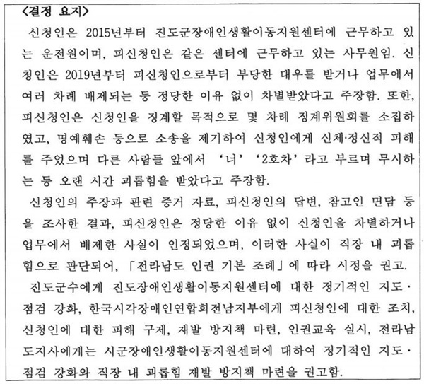 피해자의 피해사실에 대한 결정요지. 도민인권보호관은 진도군수, 한국시각장애인연합회전남지부, 전라남도에 문제해결을 위한 각각의 권고를 내렸다. 