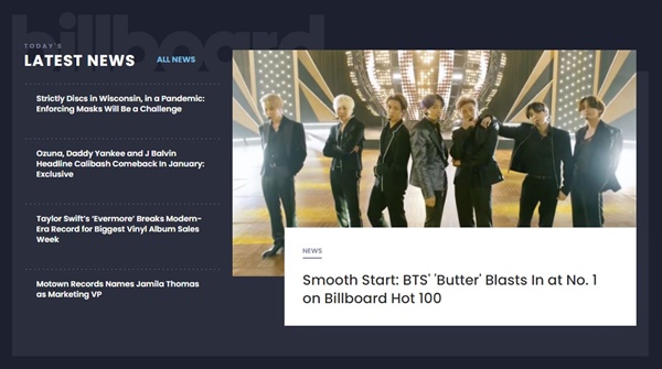  방탄소년단 신곡 버터의 '핫 100' 차트 1위 등극을 알리는 빌보드 공식 홈페이지 갈무리.