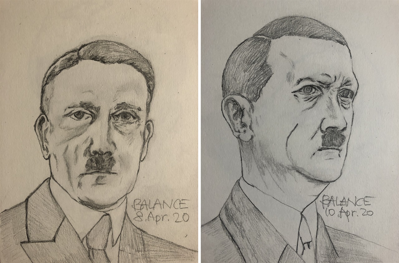 히틀러의 얼굴 히틀러의 눈빛은 매우 차갑다. (기자가 직접 그린 그림)