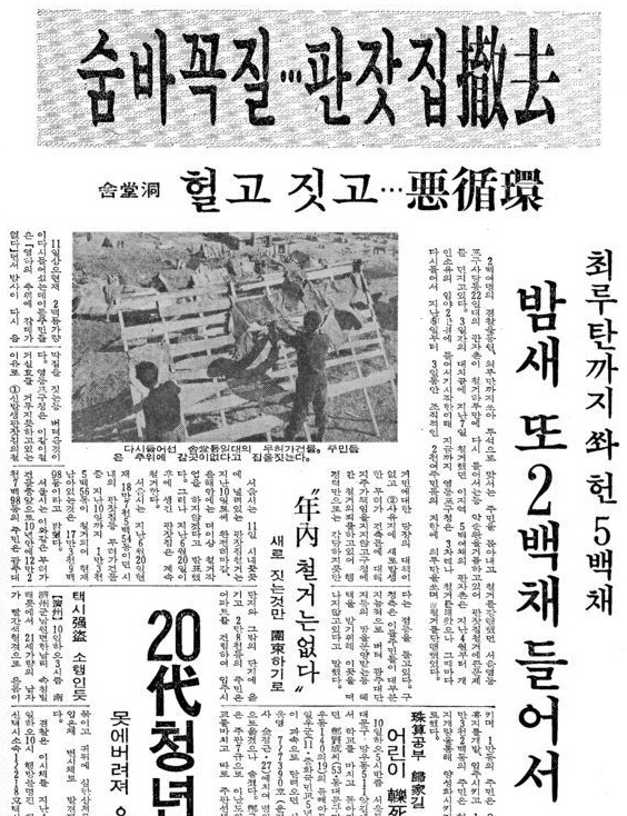 사당동 산22 일대는 1970년 8월부터 연고권을 노리는 사람들이 집단적으로 터를 닦고 무허가 건축물을 짓고 있는 것으로 파악되었다. 결국 영등포구청과 노량진경찰서는 이들 산22 일대의 새롭게 들어선 무허가 건축물을 강제로 철거하게 되는데, 이 과정에서 부수고 짓고 부수고 짓고를 반복하는 숨바꼭질이 벌어진다.