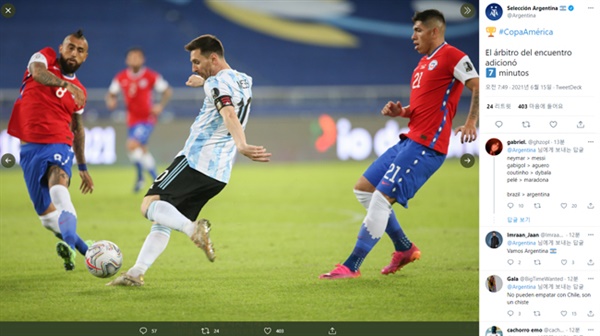 리오넬 메시 메시가 2021 코파 아메리카 첫 경기 칠레전에서 경기 최우수 선수로 선정되며 맹활약했지만 수비진 난조로 팀은 승점 1에 만족해야 했다. 