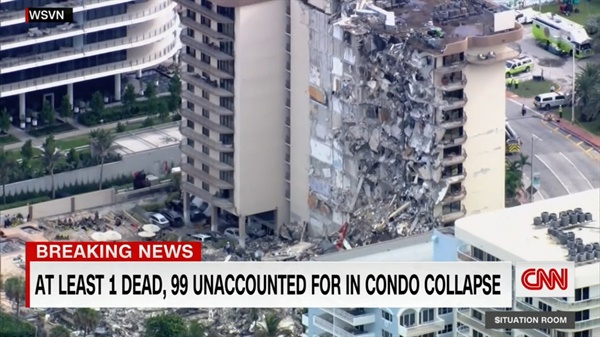 미 플로리다 마이애미 아파트 붕괴 사고를 보도하는 CNN 갈무리.
