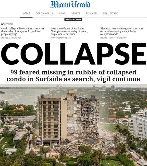 미국 플로리다주 마이애미 아파트 붕괴 사고를 보도하는 <마이애미해럴드> 갈무리.