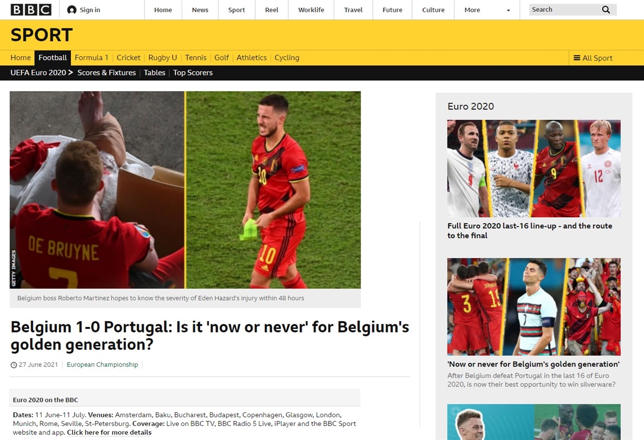  벨기에 대표팀 핵심 자원인 케빈 데 브라위너와 에당 아자르의 부상을 전하는 BBC 갈무리.