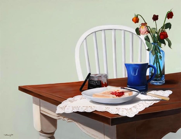  '우울했던 그날'(116.8x91.0cm, Oil on canvas) 김은주 화가는 우연히 마주한 식탁의 시들어 가는 꽃이 자신을 비롯한 현대 여성들의 모습과 흡사하다는 느낌을 가진 후 작품에 대한 열정을 되살릴 수 있었다고 한다.