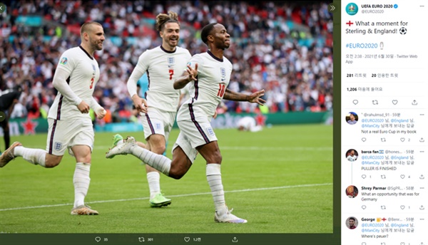 라힘 스털링 잉글랜드의 스털링이 유로 2020 독일과의 16강전에서 선제골을 넣은 이후 기뻐하고 있다.
