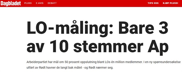  LO 조합원들의 30% 정도만이 노동당을 지지하고 있다는 노르웨이 언론의 기사
