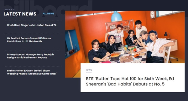  방탄소년단 '버터'의 핫 100 6주 연속 1위를 알리는 빌보드 공식 홈페이지 갈무리.