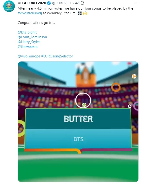  방탄소년단 '버터' 플레이곡 선정을 알리는 유로 2020 공식 트위터 갈무리.