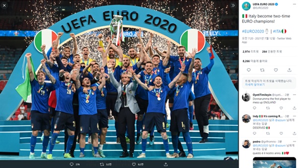 이탈리아 유로 2020 우승 이탈리아가 유로 2020 결승전에서 잉글랜드를 물리치고, 53년 만에 우승을 차지했다.
