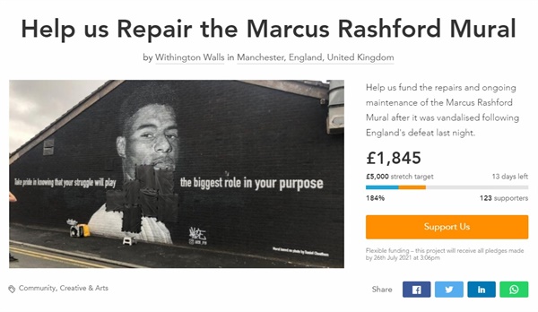  잉글랜드 대표팀 마커스 래시포드의 훼손된 벽화를 복원학 위한 온라인 모금 페이지 갈무리.