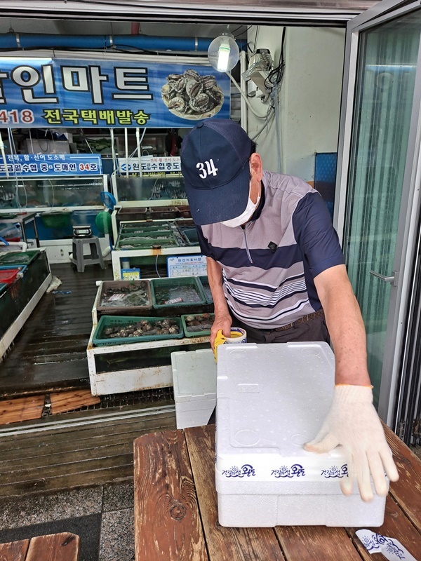 40년째 전남 완도에서 활어를 판매하고 있는 김영렬(74)씨가 민어를 포장하고 있다. 