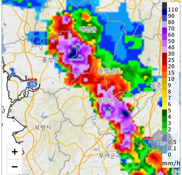  홍성군은 16일 20시 30분경부터 40 여분간 강한 소나기가 내렸다.