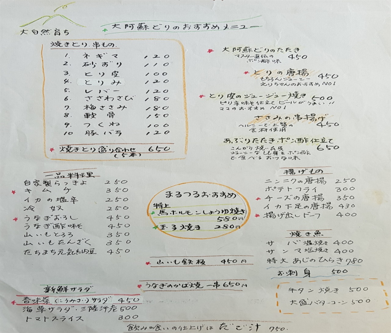 일본 유학 중에 아르바이트했던 '이자카야(대중음식점)'의 메뉴판으로 어묵류가 없는 걸 보니 추워지기 전에 팔던 메뉴들 같다.