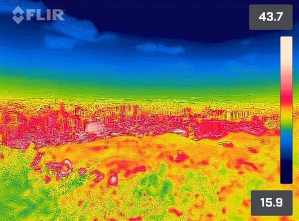 중복이자 전국 대부분 지역에 폭염특보가 발효된 지난 21일 오후 서울 남산에서 열화상 카메라로 바라본 서울 도심이 붉게 물들어 있다. 열화상 카메라로 촬영한 이 사진에서 온도가 높은 곳은 붉은색, 낮은 곳은 푸른색으로 표시된다. 