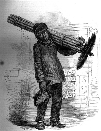 산업혁명 시대 당시 런던의 한 굴뚝 청소 아동 노동자를 그린 삽화. 