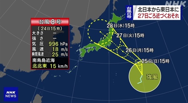  도쿄올림픽 기간 8호 태풍 '네파탁'의 일본 수도권 상륙을 예보하는 NHK 갈무리.