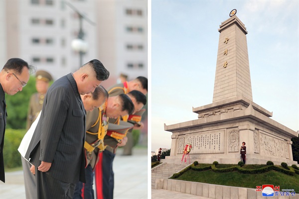 김정은 북한 국무위원장이 6·25 전쟁 정전협정 체결 기념일('전승절') 68주년을 맞아 28일 우의탑에 헌화했다고 조선중앙통신이 29일 보도했다. 2021.7.29