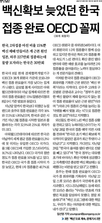 <중앙일보>9일자 1면 기사. 