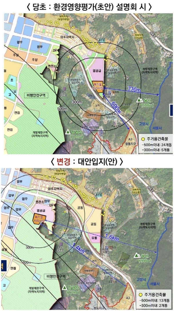LH는 이날 초안 발표 때 위치보다 서쪽으로 약 800m 이동시켜 향동지구로부터 1.4km, 서울 경계로부터 1.6km 이격된 곳을 대안입지로 제시했다. 5월 초안 발표 때는 향동지구로부터 600m, 서울 경계로부터 770m 이격됐었다.